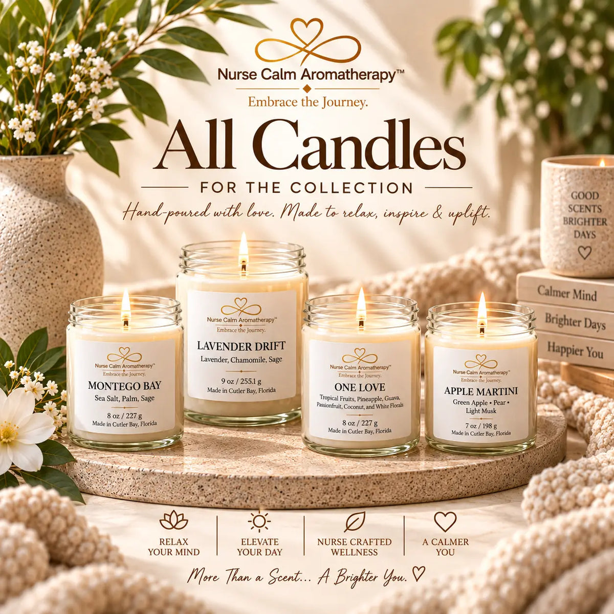 Nurse Calm Aromatherapy soy candle collection featuring Montego Bay, Lavender Drift, One Love, and Apple Martini in a warm, spa-inspired display.