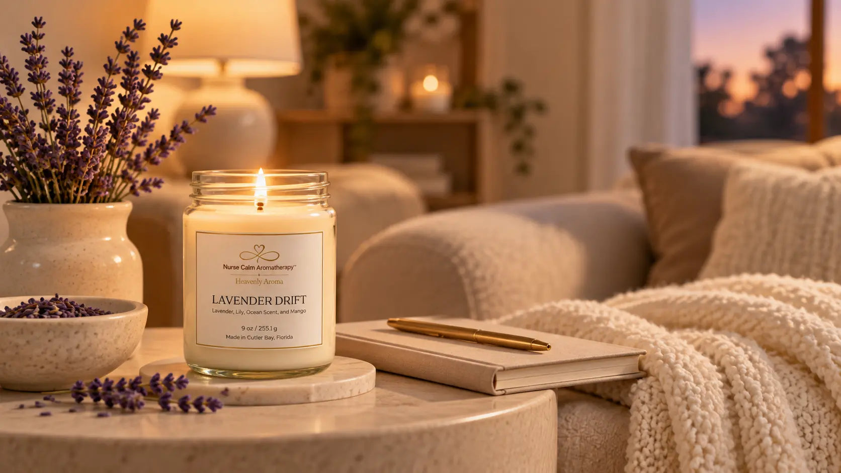Lit Lavender Drift candle by Nurse Calm Aromatherapy beside lavender, a journal, and a cream throw in a warm, relaxing home setting.