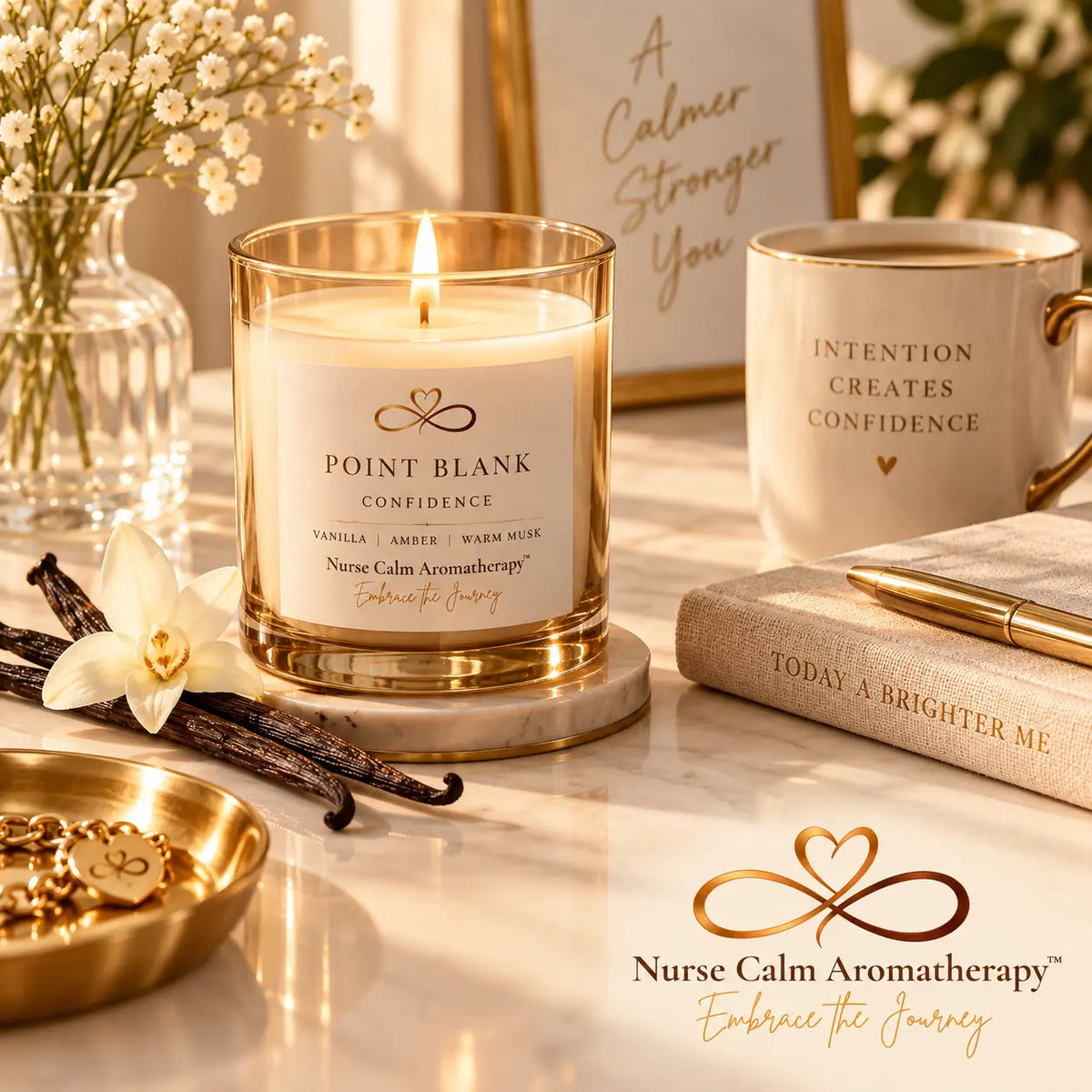 Point Blank candle from Nurse Calm Aromatherapy beside a mug, journal, and framed quote in a warm, confidence-themed morning ritual setting.
