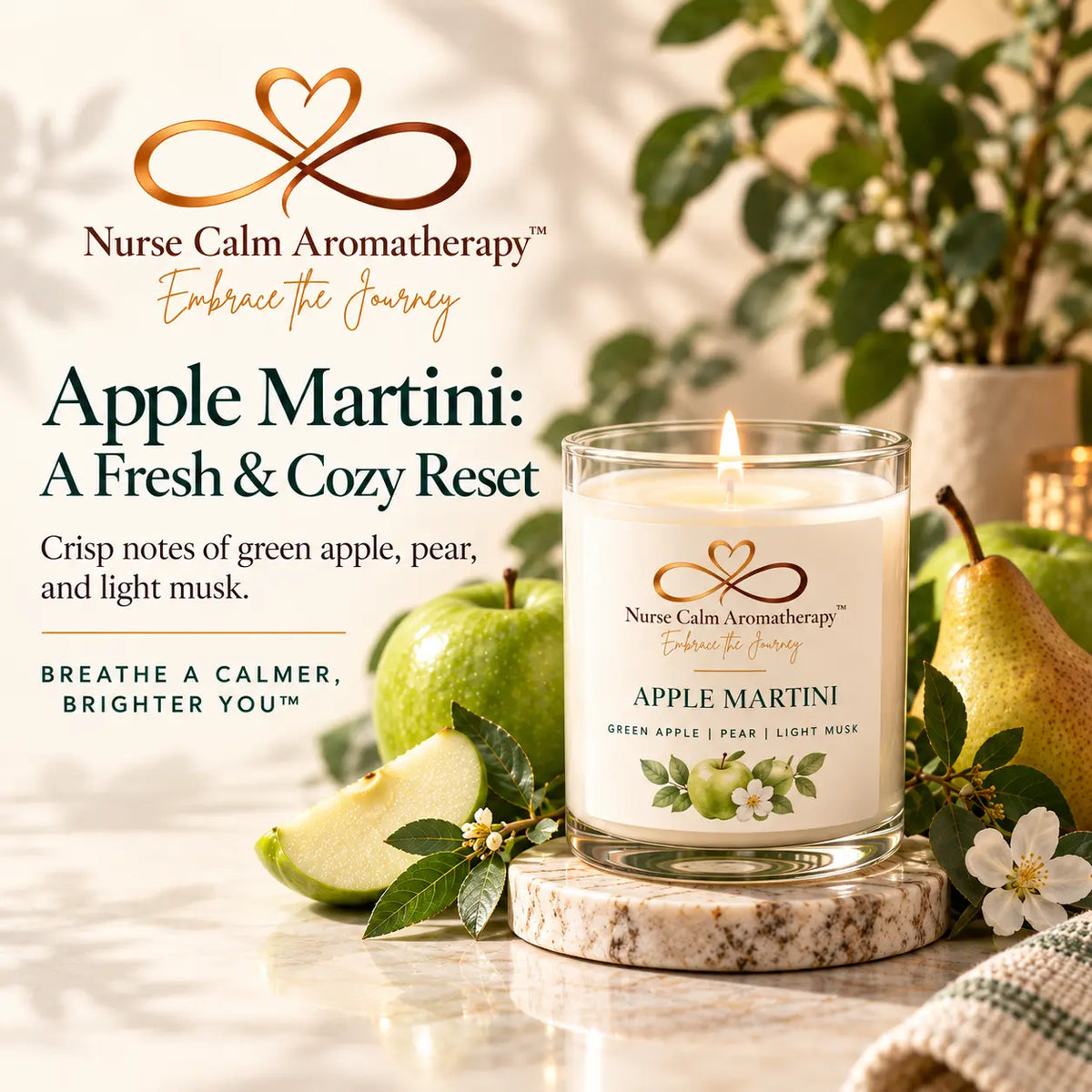 Apple Martini soy candle by Nurse Calm Aromatherapy with green apple, pear, and cozy home fragrance styling.