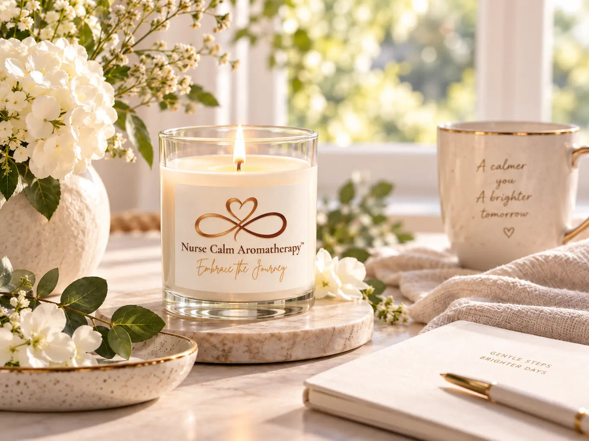 Nurse Calm Aromatherapy branded candle with logo, fresh white flowers, a cozy coffee mug, and a journal in a bright morning setting, representing a calm self-care ritual, gentle beginnings, and intentional wellness.