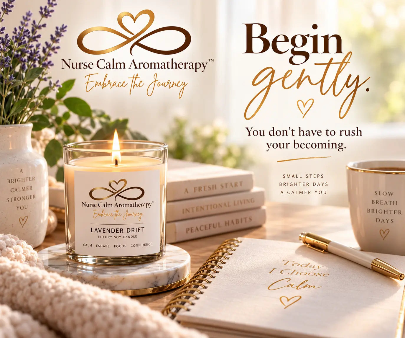 Nurse Calm Aromatherapy Lavender Drift luxury soy candle beside lavender, a warm mug, cozy knit blanket, and journal with the message “Begin gently,” representing a calm reset ritual, intentional living, and gentle new beginnings.