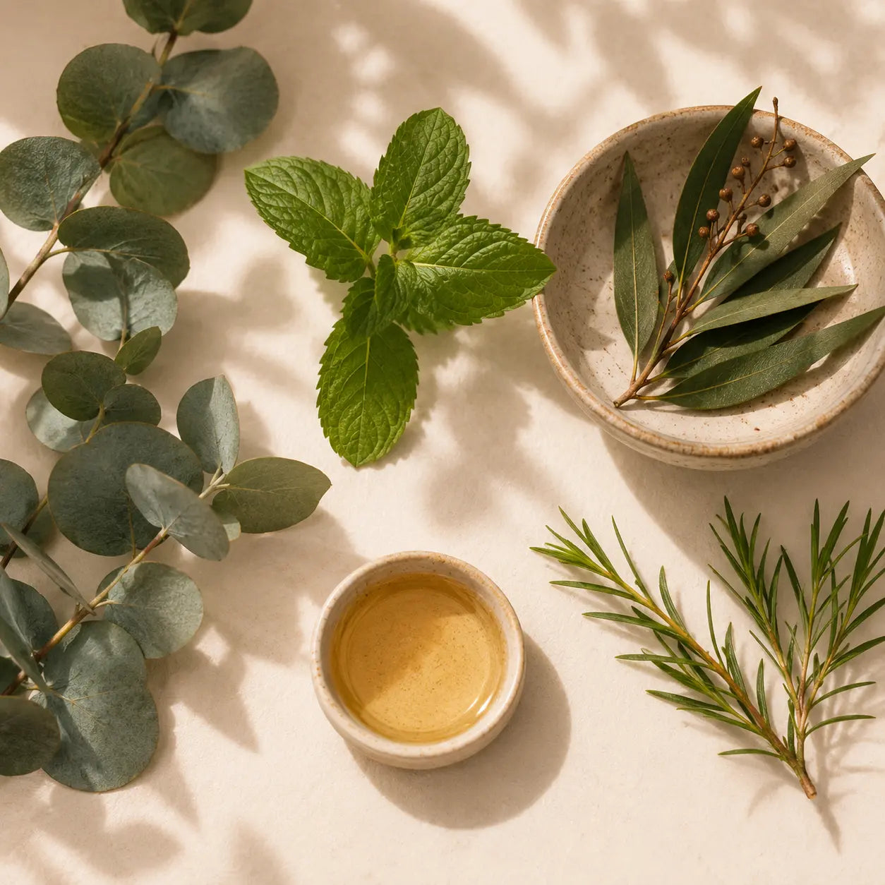 Breathe & Reset essential oil botanical ingredients including eucalyptus, mint, and natural botanicals, representing the science of aromatherapy and emotional wellness.