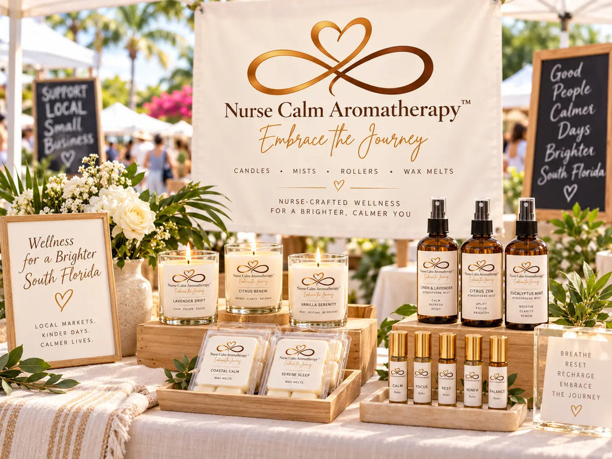 Nurse Calm Aromatherapy™ South Florida market display with candles, mists, wax melts, rollers, and the infinity heart logo.
