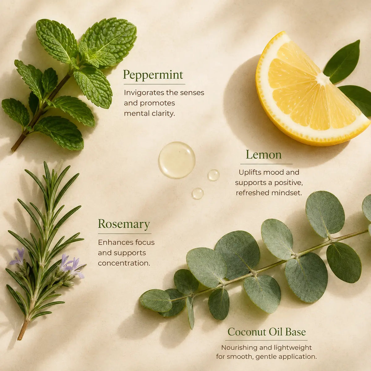 Focus Fuel botanical ingredients including peppermint, lemon, rosemary, and eucalyptus arranged in a fresh wellness setting for an intentional Focus Reset Ritual.