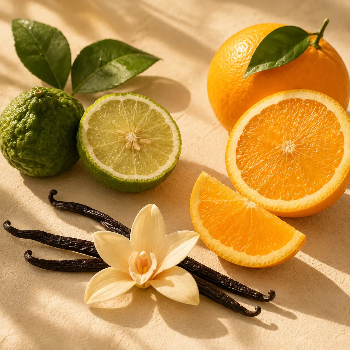 Golden Hour botanical ingredients with citrus and warm vanilla arranged in an uplifting wellness setting for an intentional Confidence Reset Ritual.