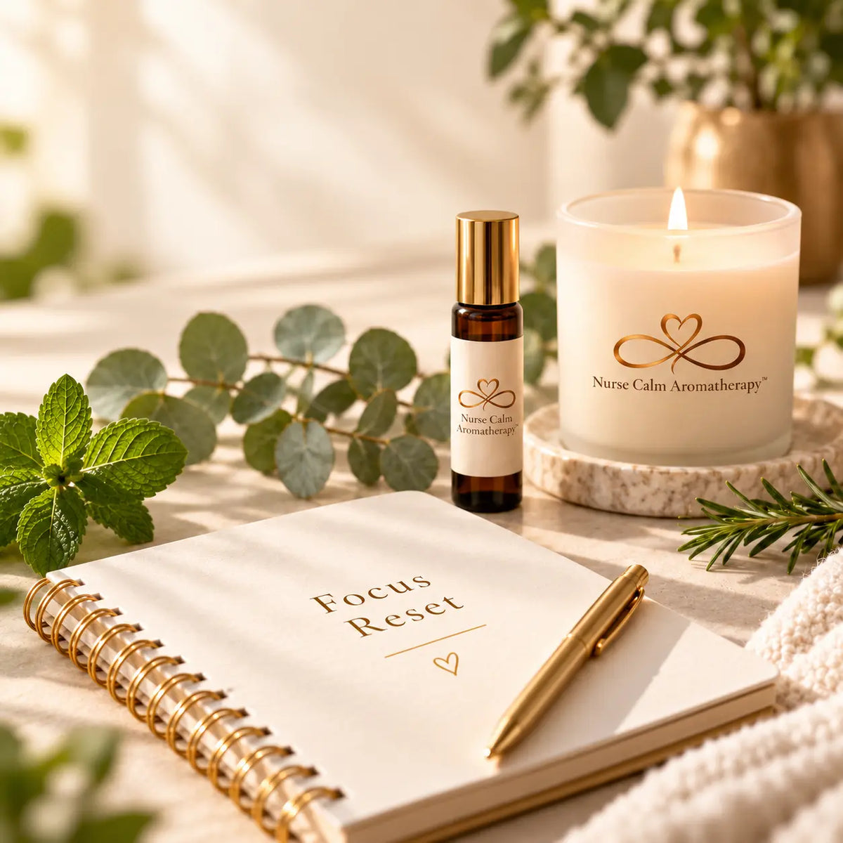 Flat lay by Nurse Calm Aromatherapy featuring focus-supporting aromatherapy ingredients including peppermint, lemon, rosemary, eucalyptus, and coconut oil base on a warm neutral background.