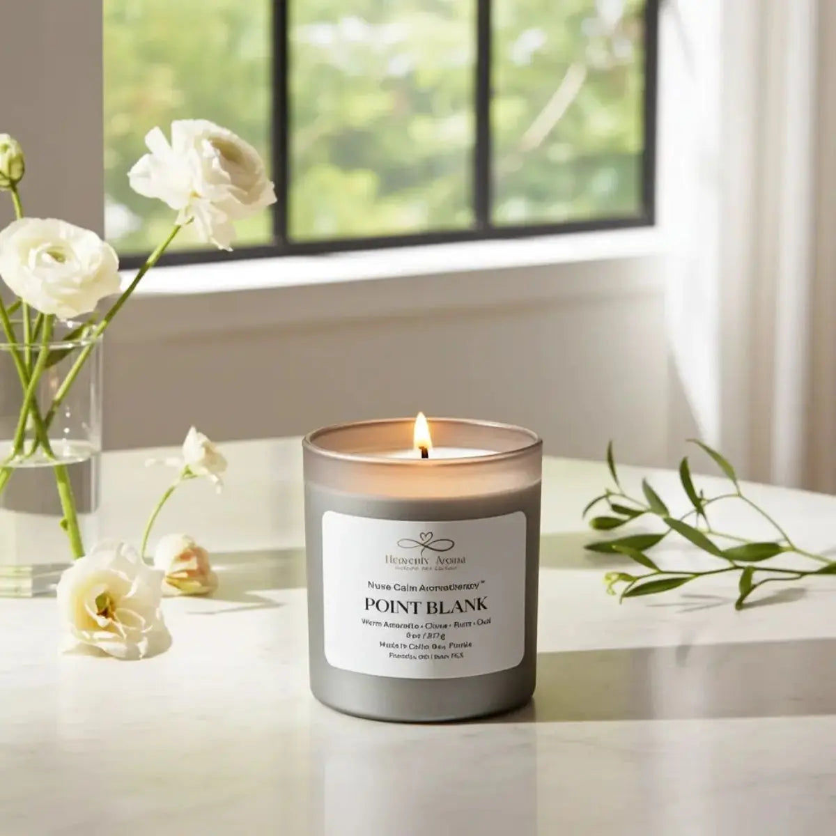Luxury soy candle burning softly in a calm, sunlit space symbolizing a peaceful March reset and intentional self-care ritual.
