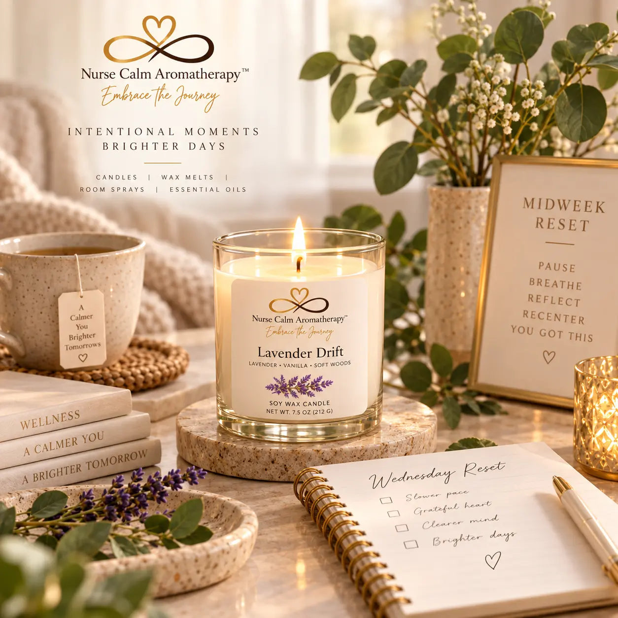 Nurse Calm Aromatherapy Lavender Drift candle styled in a cozy midweek reset scene with tea, notebook, greenery, and warm wellness decor.