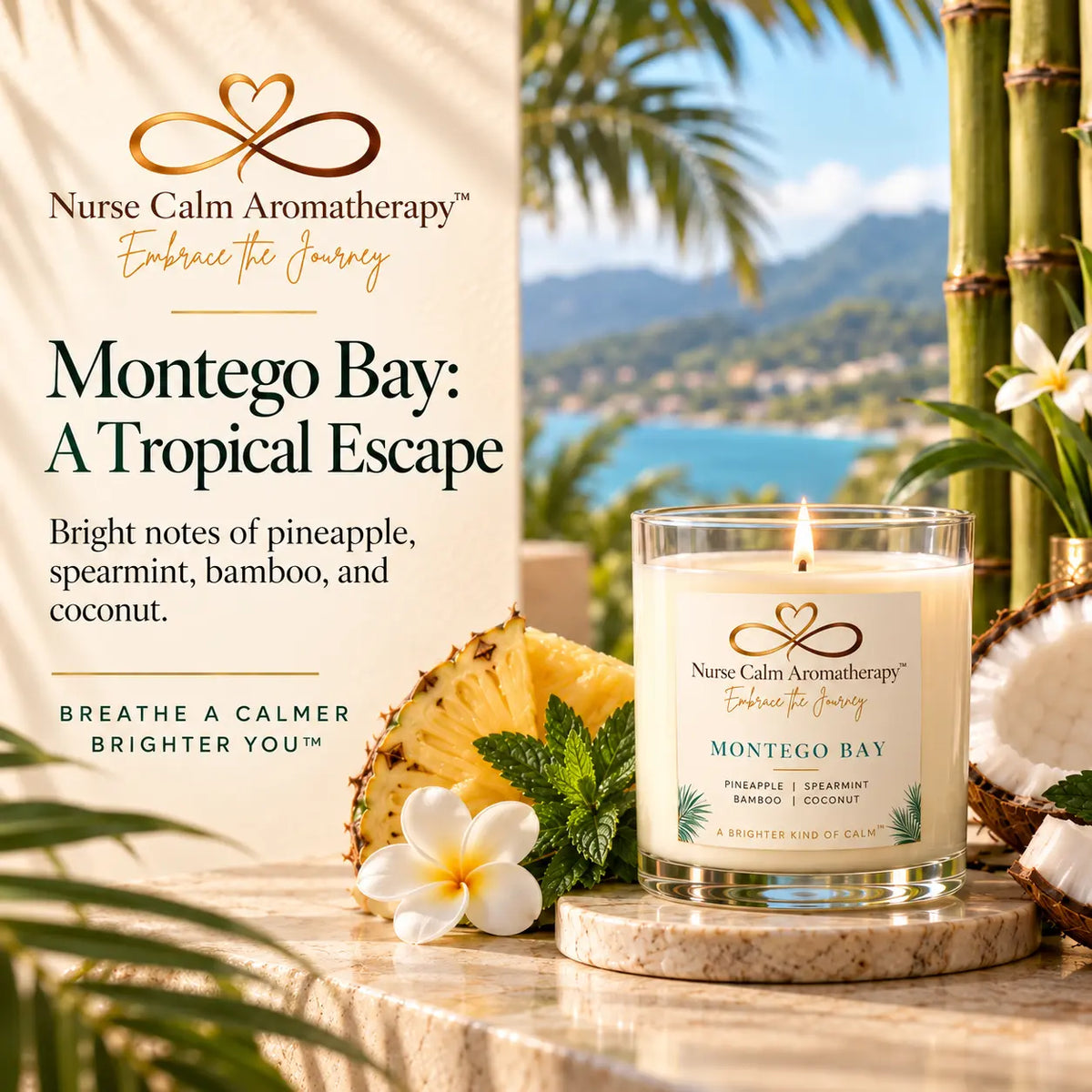 Montego Bay soy candle by Nurse Calm Aromatherapy with pineapple, spearmint, bamboo, coconut, and tropical greenery.