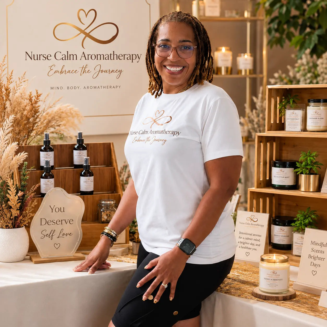 Founder of Nurse Calm Aromatherapy standing beside a branded display of candles, room sprays, and self-care products.