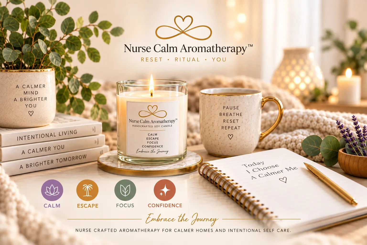 Nurse Calm Aromatherapy candle with journal, mug, eucalyptus, and four wellness pillars in a warm self-care setting.