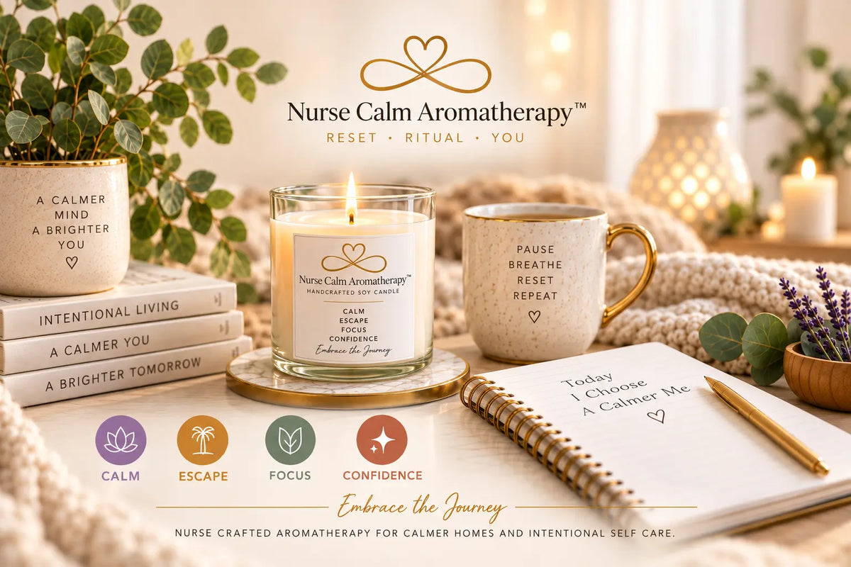 Nurse Calm Aromatherapy candle with journal, mug, eucalyptus, and four wellness pillars in a warm self-care setting.