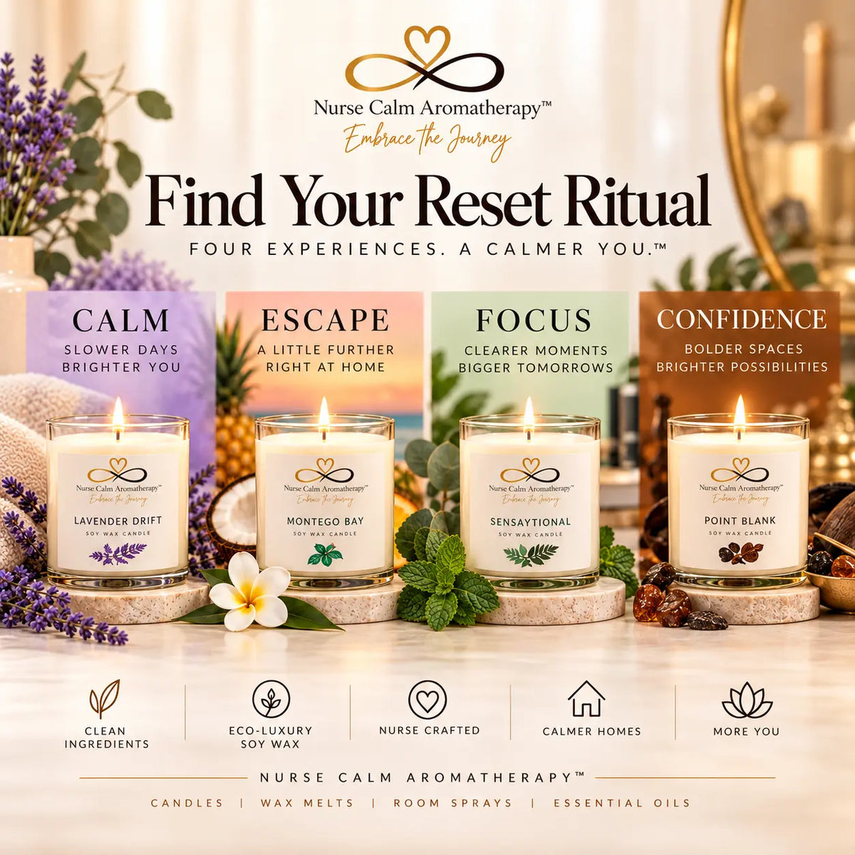 Nurse Calm Aromatherapy four wellness pillars candles featuring Calm, Escape, Focus, and Confidence collections