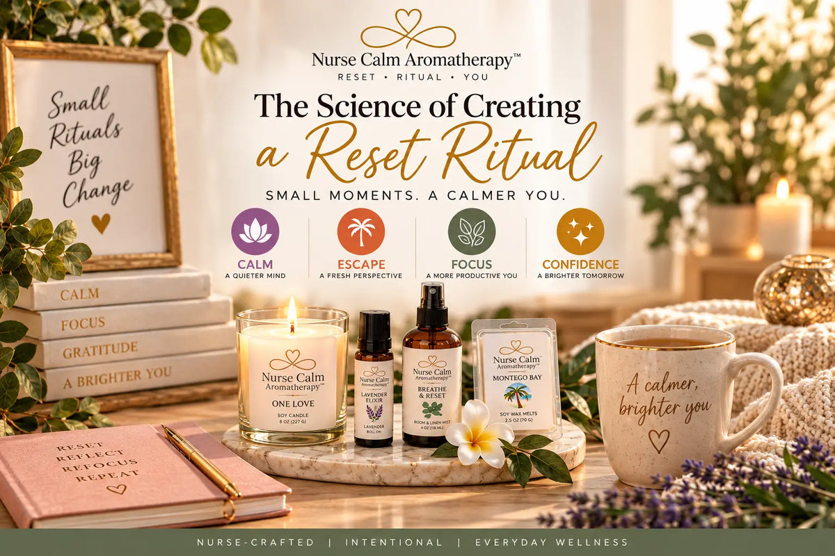 Featured image for The Science of Creating a Reset Ritual with Nurse Calm Aromatherapy candle, mist, wax melt, roller, and cozy wellness decor.