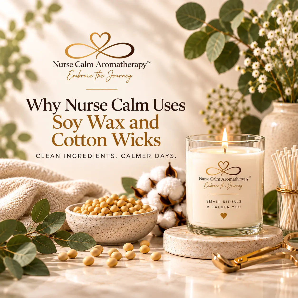 Nurse Calm Aromatherapy soy wax candle with cotton wicks in a clean, cozy wellness setting