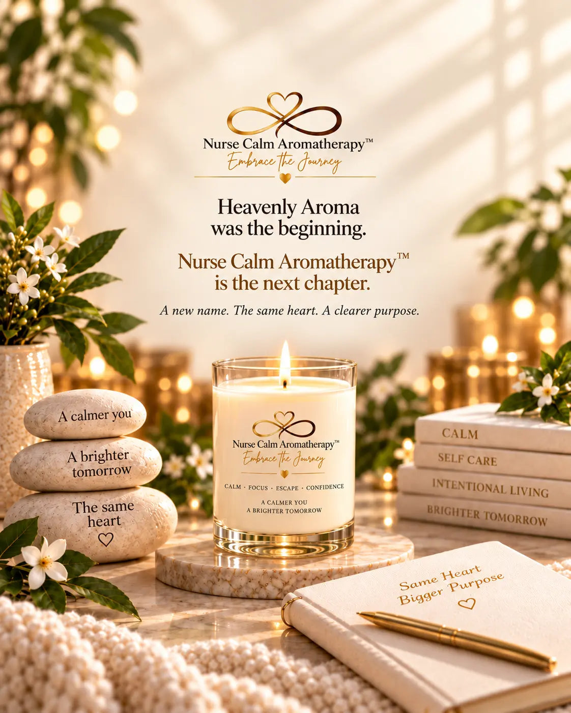 Nurse Calm Aromatherapy™ rebrand image with a glowing candle, stacked wellness stones, journal, and warm spa-inspired decor announcing the transition from Heavenly Aroma to Nurse Calm.