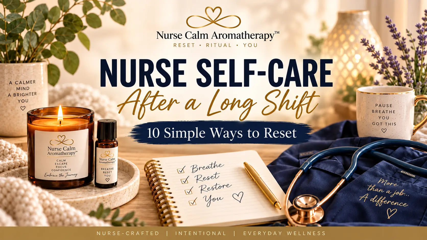 Nurse self-care after a long shift with Nurse Calm Aromatherapy candle, roller, stethoscope, and reset notebook.
