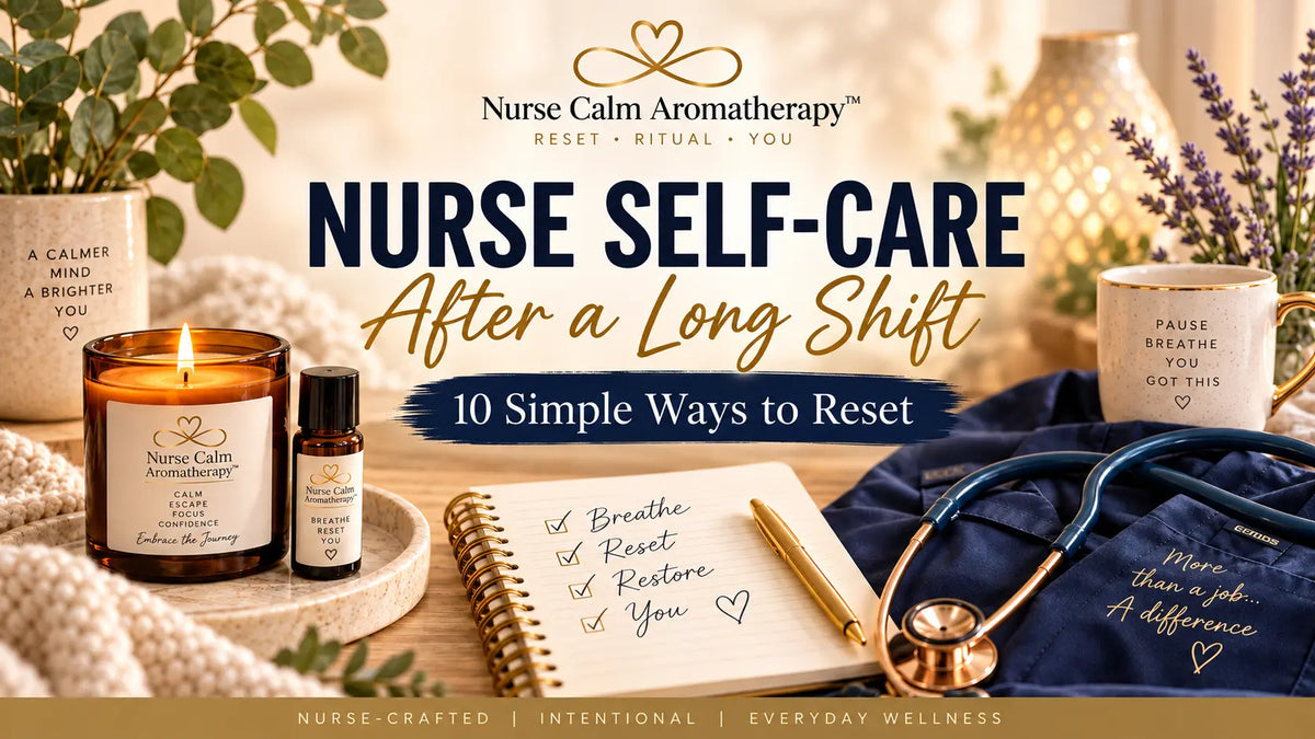 Nurse self-care after a long shift with Nurse Calm Aromatherapy candle, roller, stethoscope, and reset notebook.