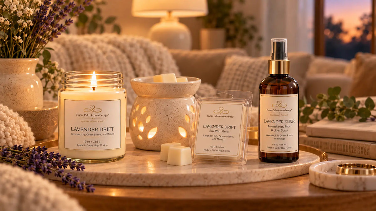 Lavender Drift candle, Lavender Drift wax melts with a ceramic warmer, and Lavender Elixir room and linen spray arranged in a warm, cozy home setting.