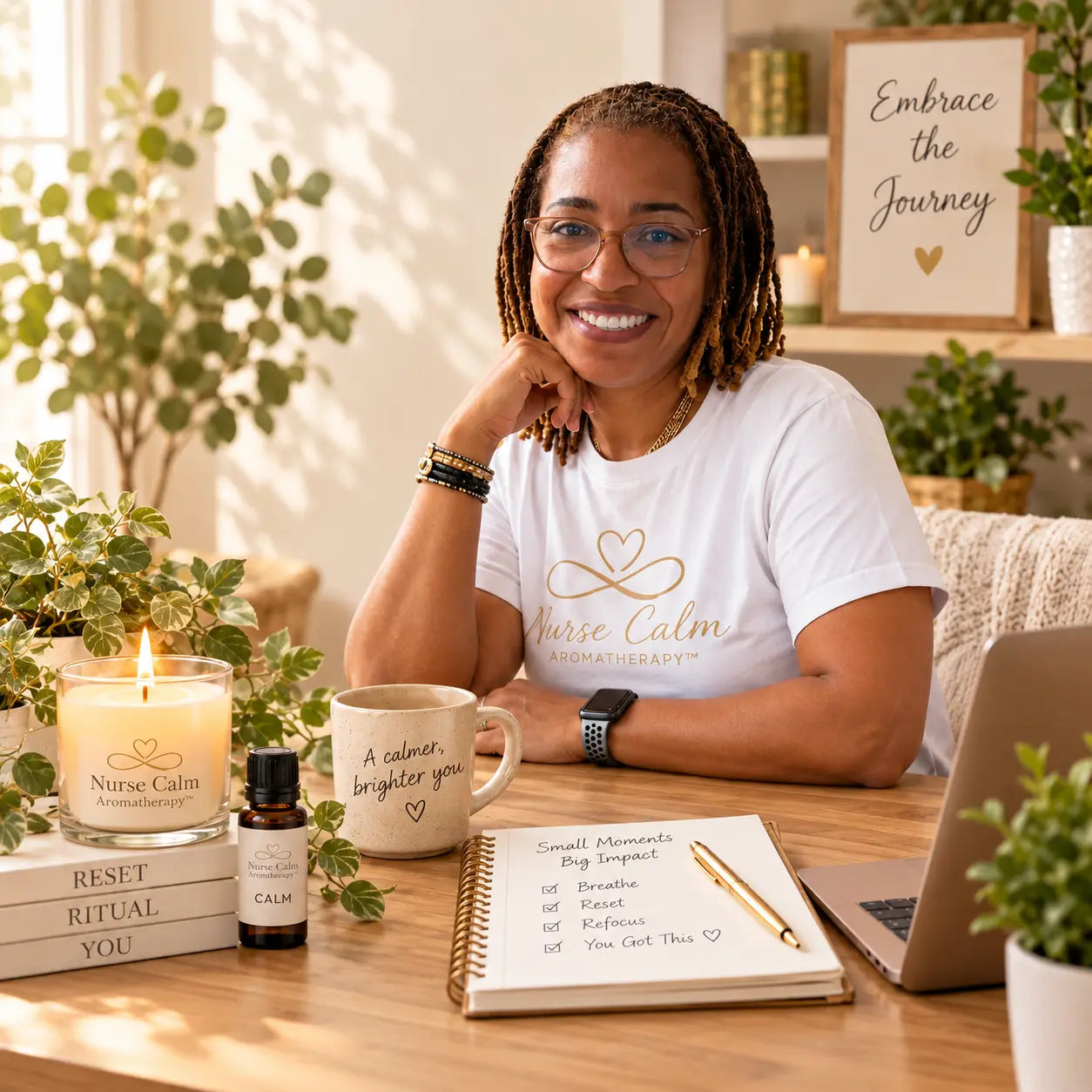 Nurse Calm Aromatherapy wellness workspace with candle, essential oil, mug, and journal for busy professionals.