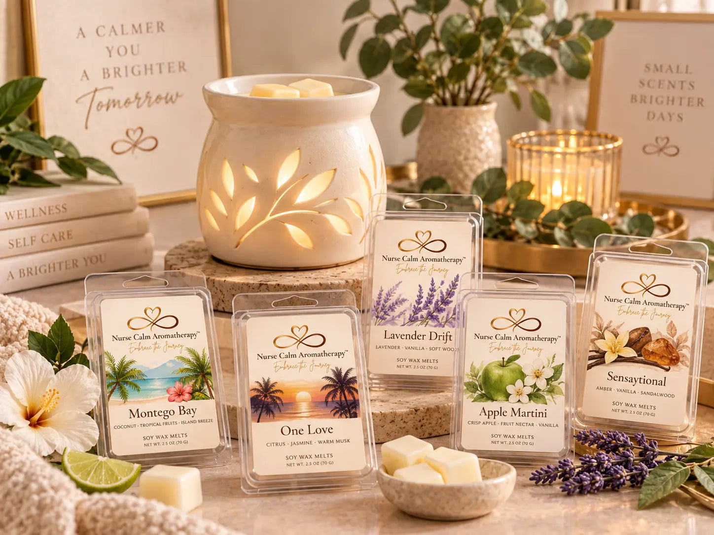 Nurse Calm Aromatherapy soy wax melts displayed in a warm spa-inspired home setting with a ceramic wax warmer, featuring Montego Bay, One Love, Lavender Drift, Apple Martini, and Sensaytional fragrances for a cozy flameless home-fragrance experience.