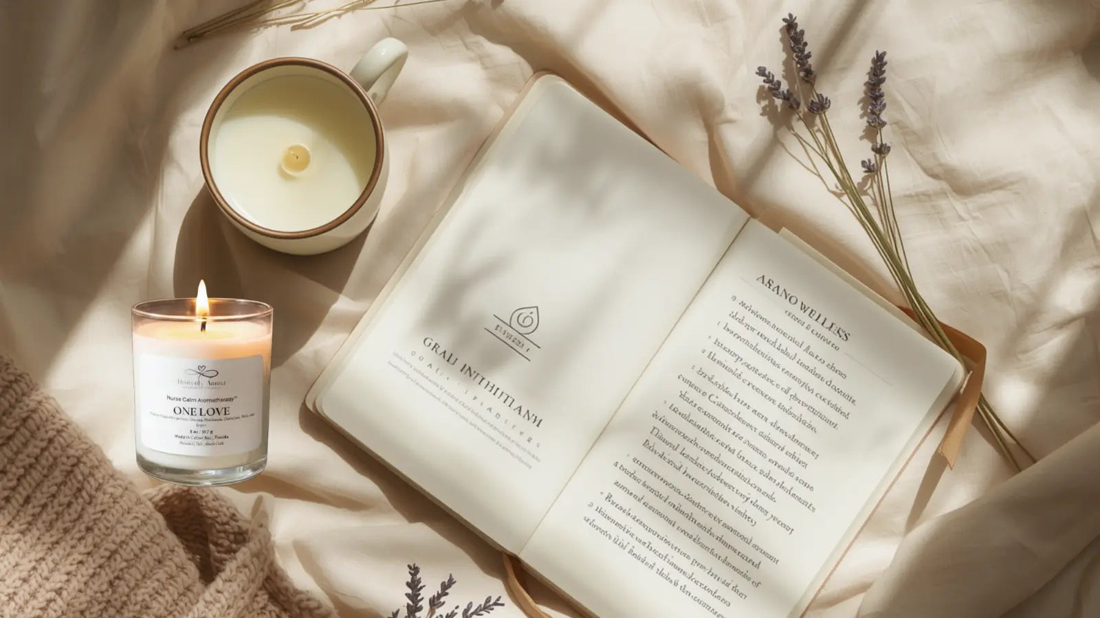 Luxury wellness flat lay featuring a softly glowing One Love candle, open journal, lavender stems, and warm neutral textures designed to evoke calm and stress relief.