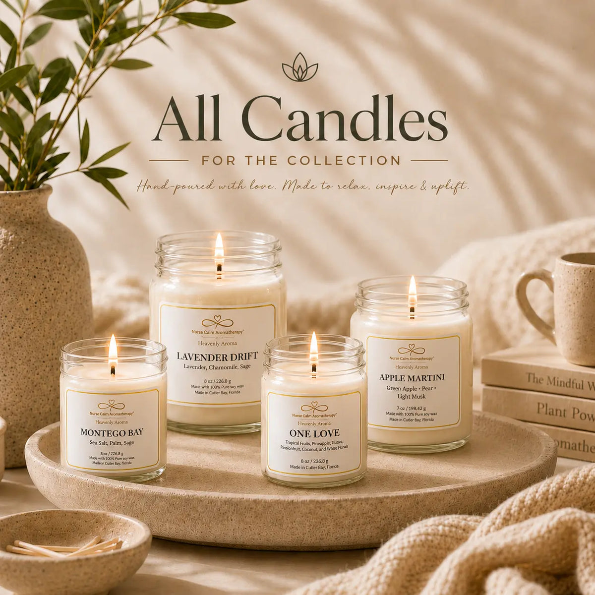 Heavenly Aroma wellness set featuring soy candles, room spray, and essential oil roller for relaxation, stress relief, and self-care rituals