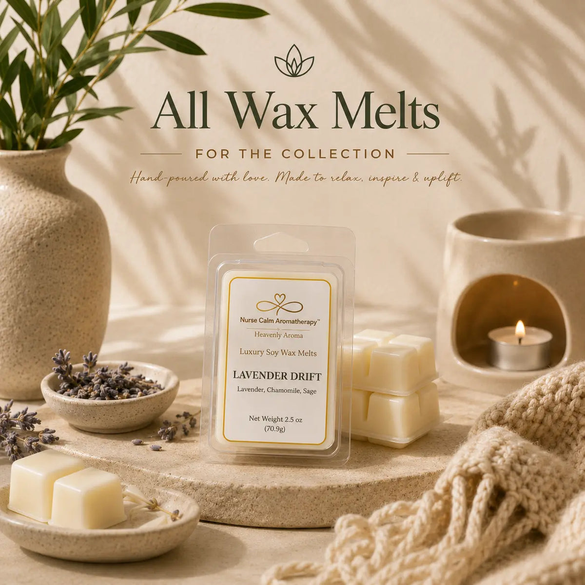 Nurse Calm Aromatherapy premium soy Aroma Melt Collection featuring handcrafted flameless home fragrances.