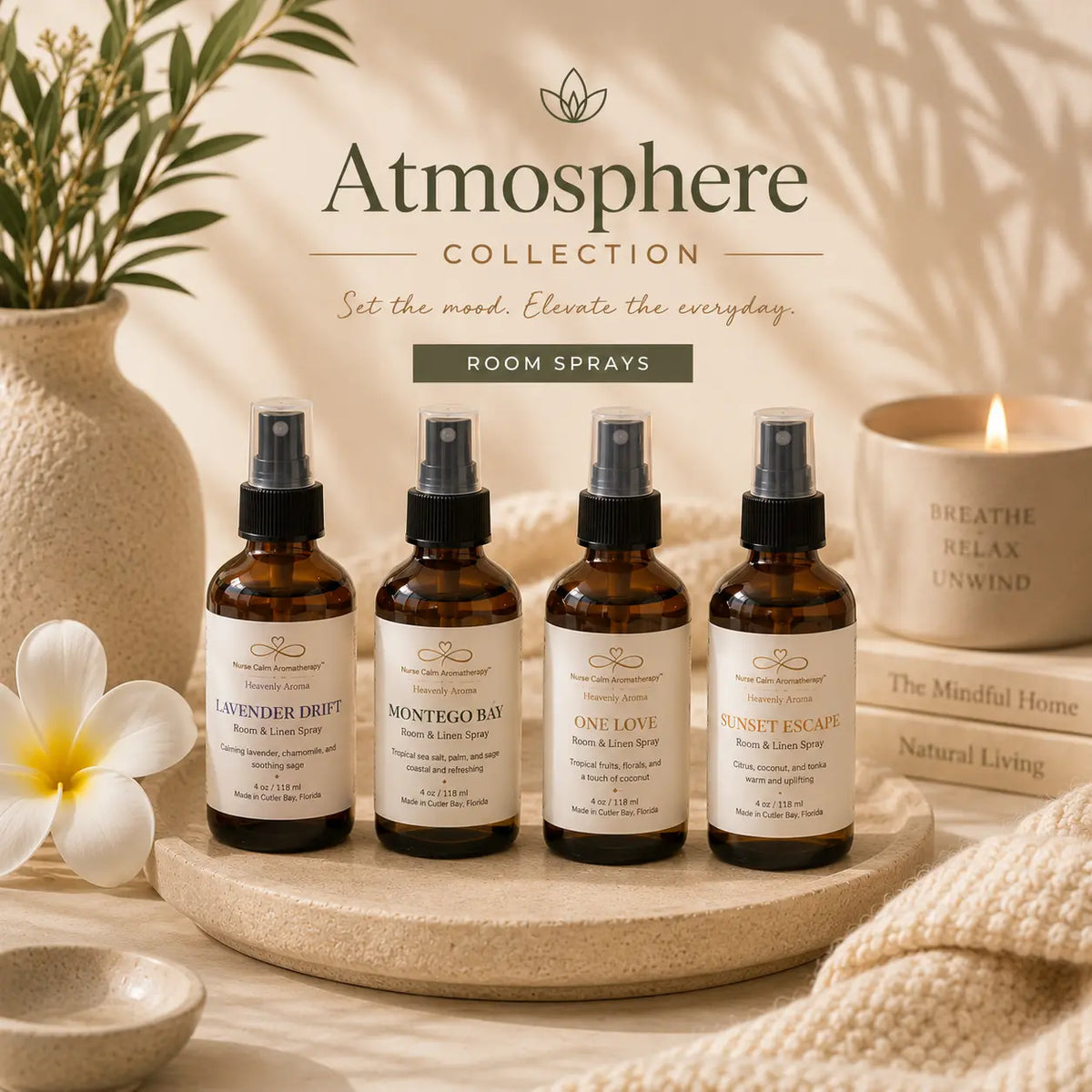Atmosphere Collection lifestyle photo featuring luxury room and linen sprays by Nurse Calm Aromatherapy™ displayed in a warm neutral spa-inspired setting with soft lighting, botanical accents, and calming décor.