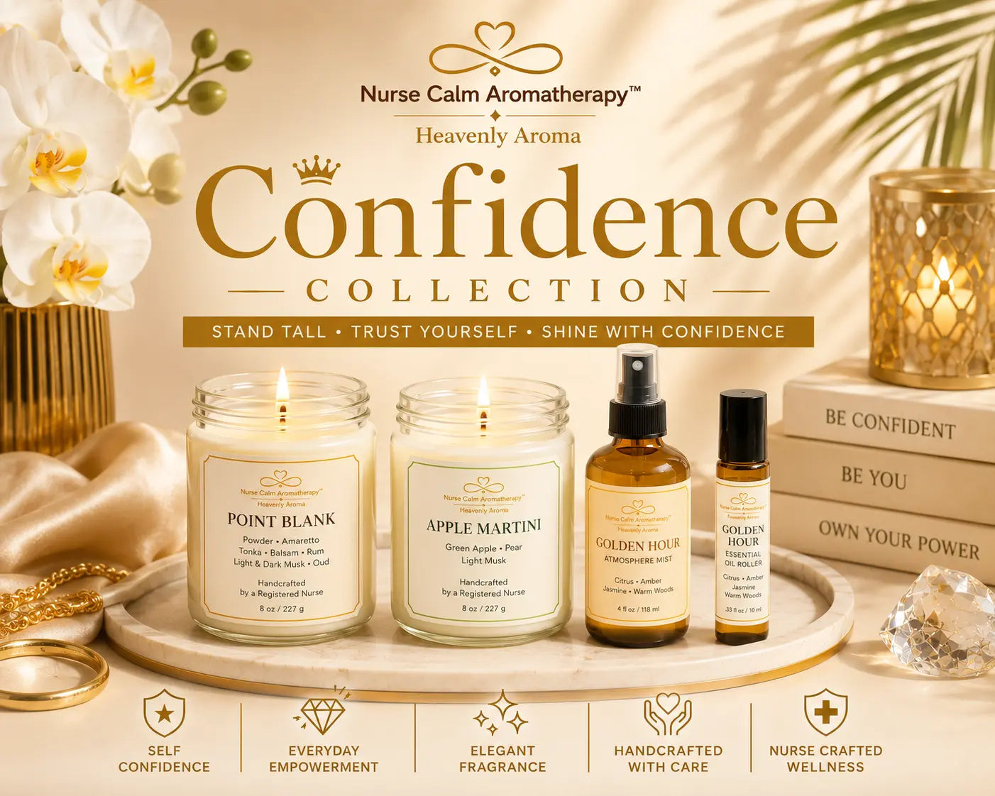 Confidence Collection with Point Blank, Apple Martini, and Golden Hour handcrafted wellness products.