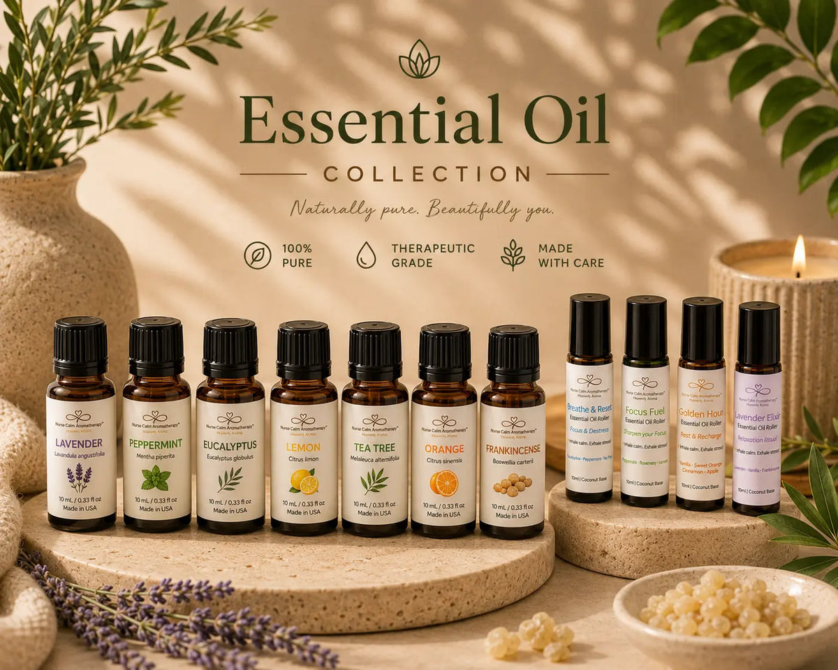 Essential Oil Rollers Collection featuring nurse-crafted aromatherapy blends designed for calm, focus, confidence, and everyday wellness.