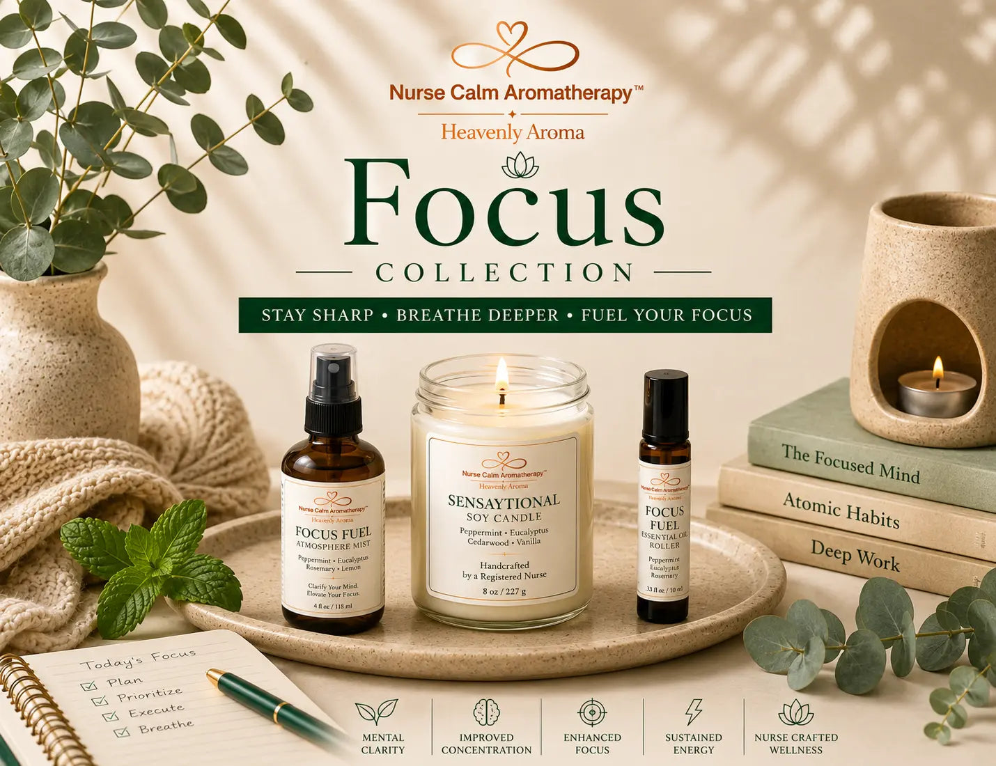 Focus Collection by Nurse Calm Aromatherapy featuring the Sensaytional handcrafted soy candle, Focus Fuel Atmosphere Mist, and Focus Fuel Essential Oil Roller in a spa-inspired wellness display for mental clarity and concentration.