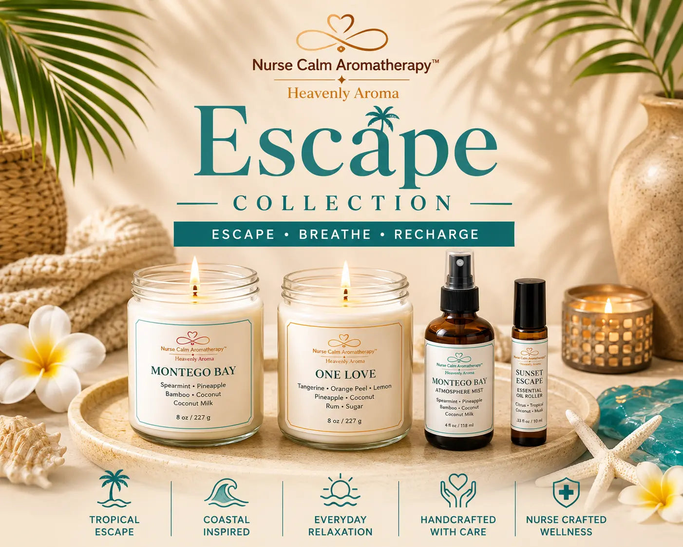 Escape Collection by Nurse Calm Aromatherapy featuring Montego Bay and One Love handcrafted soy candles, Montego Bay Atmosphere Mist, and Sunset Escape Essential Oil Roller in a luxury tropical spa-inspired display.