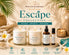 Escape Collection by Nurse Calm Aromatherapy featuring Montego Bay and One Love handcrafted soy candles, Montego Bay Atmosphere Mist, and Sunset Escape Essential Oil Roller in a luxury tropical spa-inspired display.