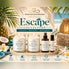 Nurse Calm Aromatherapy Escape Collection featuring Montego Bay and One Love soy candles, tropical room mist, and roller in an island-inspired display.