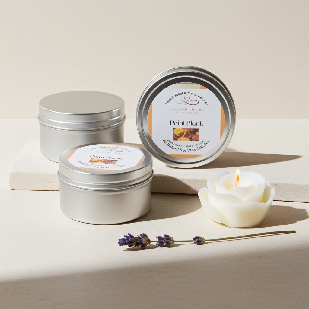 Three metal tins with 'Point Blank' labels, a lit candle, and a lavender sprig on a light surface.