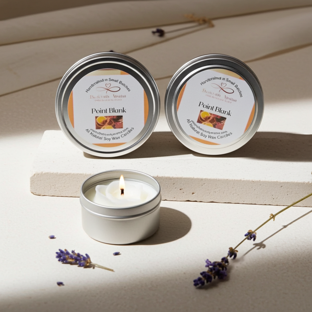 Two tins of Point Blank candles with a lit candle on a wooden surface.