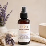 Lavender Elixir Room & Linen Spray by Nurse Calm Aromatherapy™ featuring lavender, bergamot, and frankincense in a luxury spa setting.