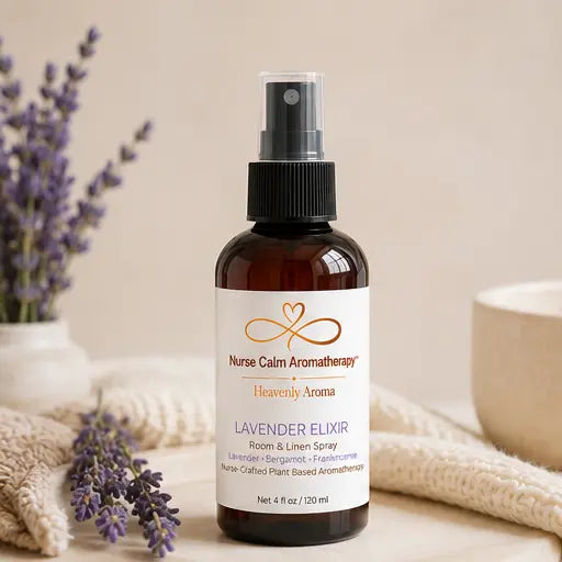 Lavender Elixir Room & Linen Spray by Nurse Calm Aromatherapy™ featuring lavender, bergamot, and frankincense in a luxury spa setting.