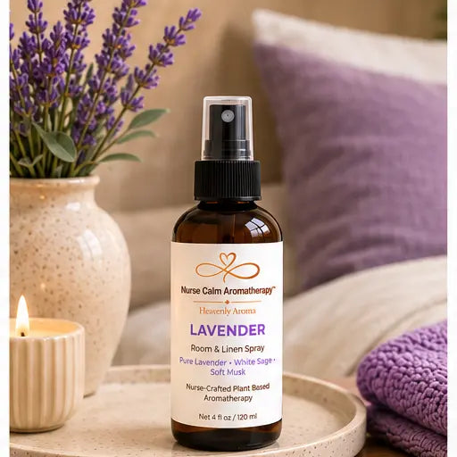 Lavender Room & Linen Spray displayed in a calming spa-inspired environment.