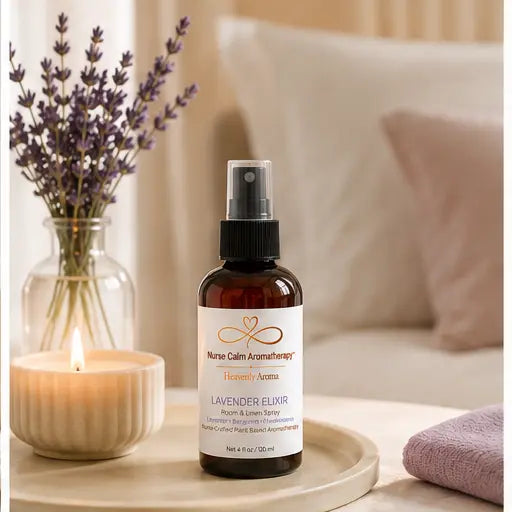 Lavender Elixir Room & Linen Spray displayed in a calming home spa environment with towels, candlelight, and botanical décor.