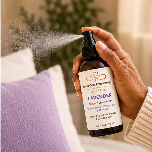 Hand using Lavender Room & Linen Spray to refresh a room with a botanical mist.