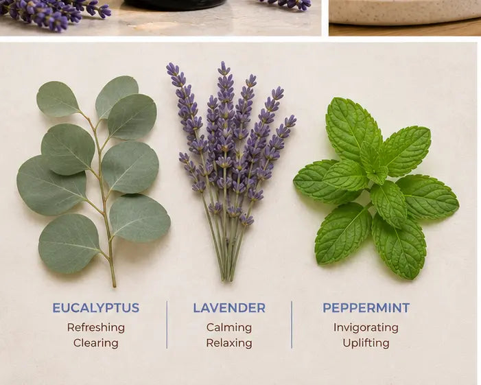 Natural botanical ingredients including eucalyptus, lavender, and peppermint.