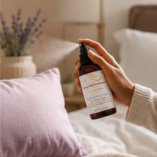 Hand using Lavender Elixir Room & Linen Spray to refresh a room with a soothing botanical mist.