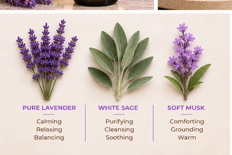 Natural botanical ingredients including pure lavender, white sage, and soft musk.
