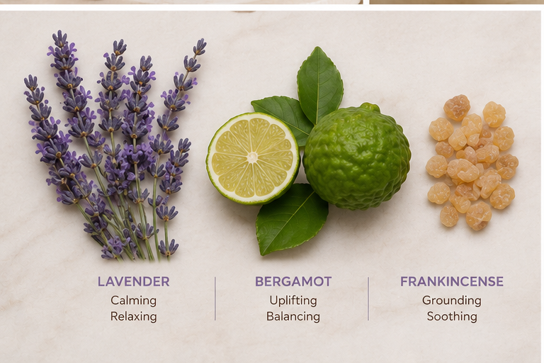 Natural botanical ingredients featured in Lavender Elixir Room & Linen Spray including lavender, bergamot, and frankincense.