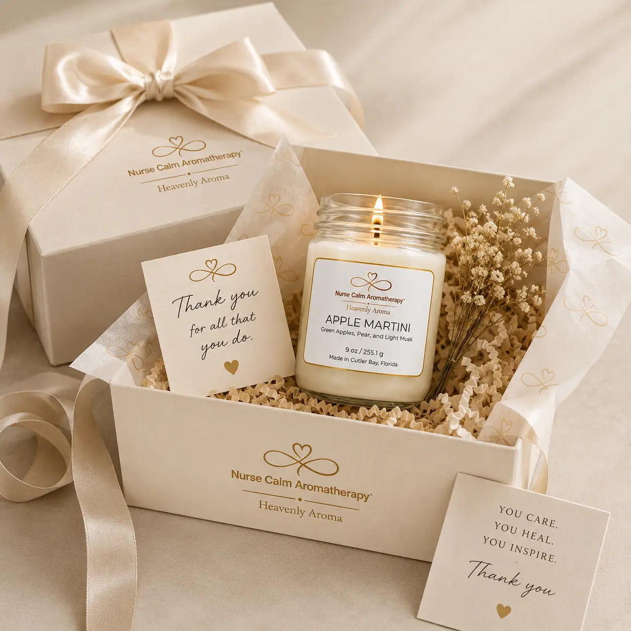 Candle in a gift box with a card and Nurse Calm Aromatherapy branding.