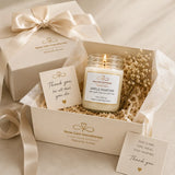 Candle in a gift box with a card and Nurse Calm Aromatherapy branding.