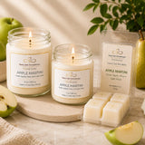 Close-up of the Apple Martini Complete Signature Collection showcasing 9 oz and 7 oz soy candles with a luxury wax melt in a premium botanical product display.